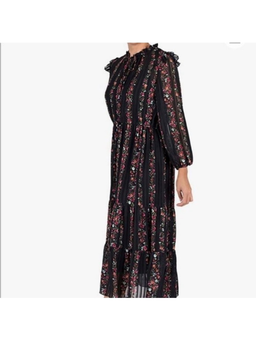 Women's Black Floral Long Sleeve Tiered Midi Dress - Picture 3 of 4